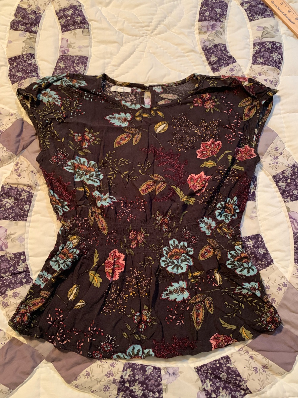 Women's Floral Blouse - dark brown with Pink & Blue Flowers